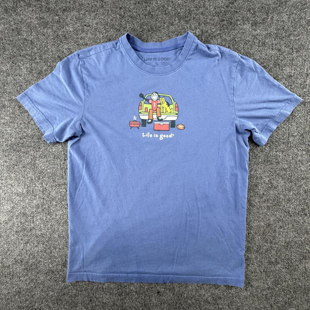 Life Is Good Shirt Mens Small Blue Jake Dog Tailgate Football Graphic Tee